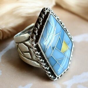 Vintage DTR Desert Rose Trading Jay King Larimar Inlay 925 Sterling Silver Ring